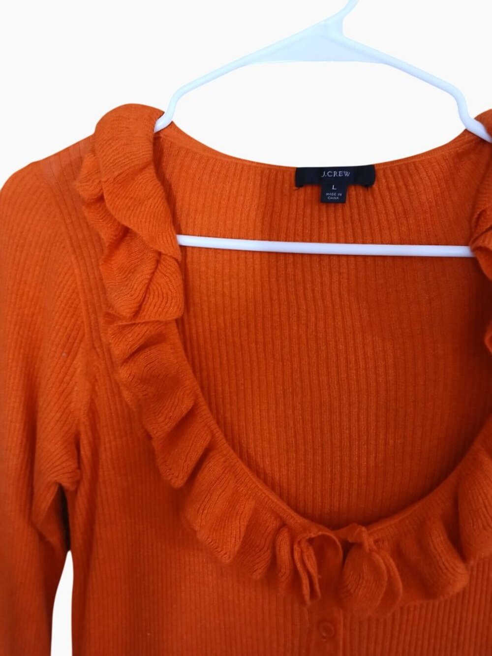 J Crew Womens Orange Silk Cashmere Blend Ruffle Cardigan Sweater Size L Fall - Picture 3 of 11